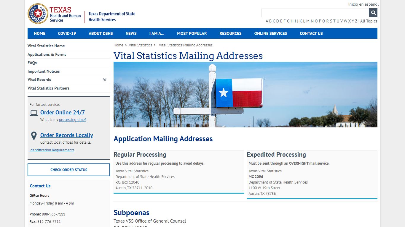 Vital Statistics Mailing Addresses - Texas